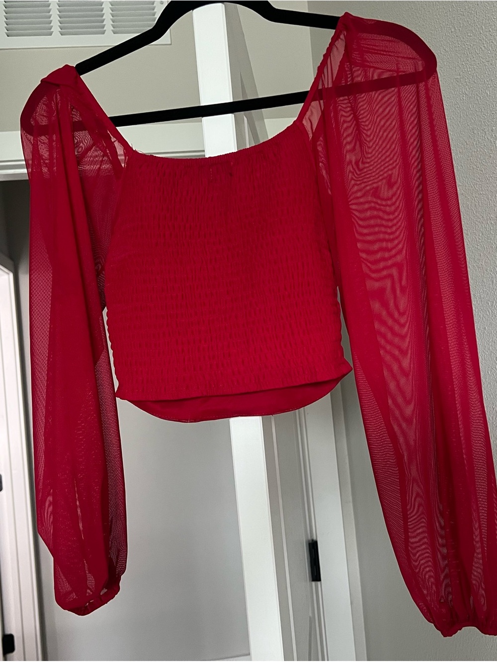 Bright Red Ruched Mesh Crop Top - Picture 4 of 5